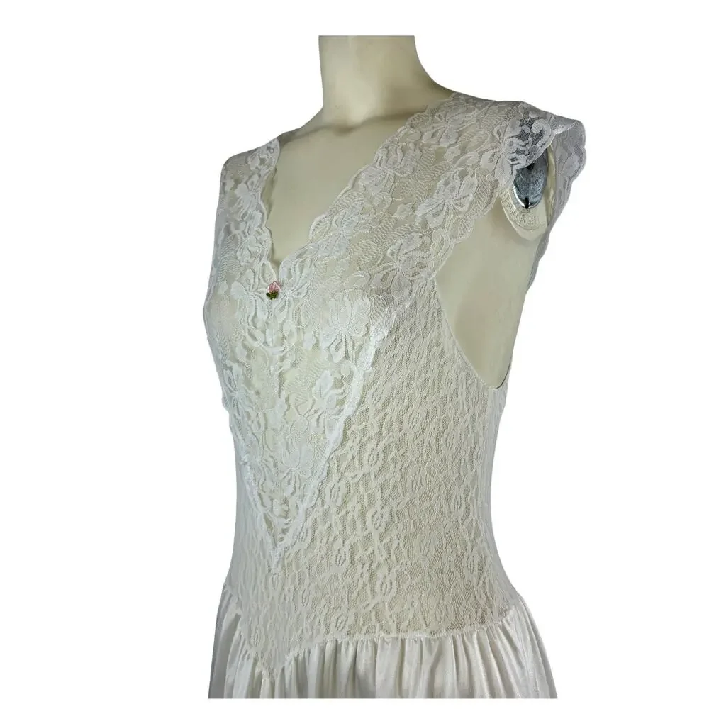 1970s Cira Ivory Lace & Satin Bias-Cut Slip Dress Made in USA size small